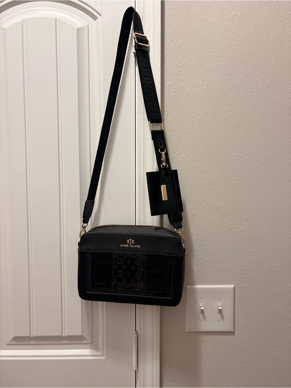 River Island Black Crossbody Camera Bag with Gold Hardware
